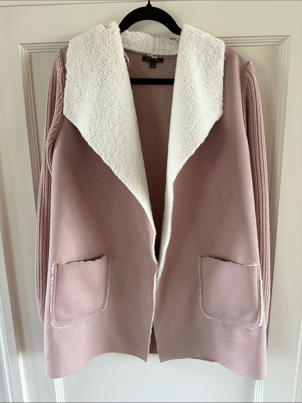 Light Pink Sherpa-Lined faux suede and knit Open Front Jacket